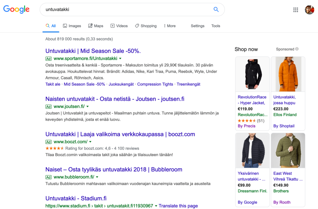 Google Shopping mainokset hakutulossivulla